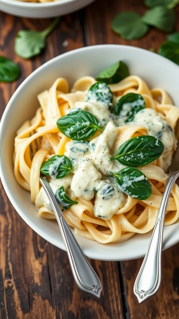 Fettuccine pasta with creamy spinach Alfredo sauce, garnished with spinach and Parmesan.